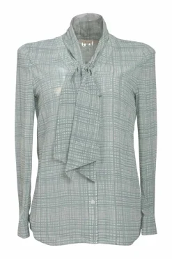 Jade polyester check pussy-bow button-front blouse