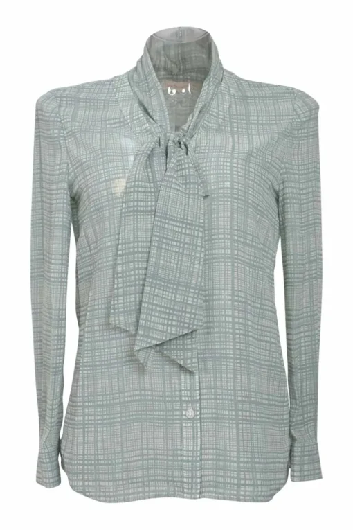Jade polyester check pussy-bow button-front blouse