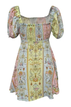 Jeans Couture multi-colour polyester Tuileries print puff-sleeve baby doll dress with shirred back panel