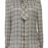 Khaki and black metallic Glen check jacquard Tieneck blouse