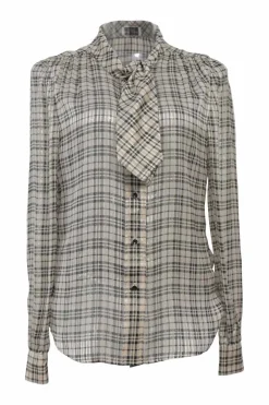 Khaki and black metallic Glen check jacquard Tieneck blouse