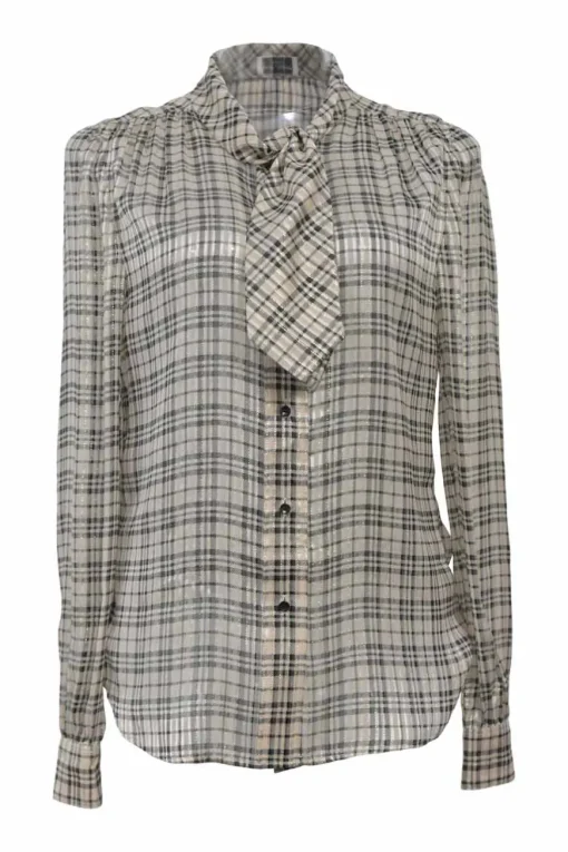 Khaki and black metallic Glen check jacquard Tieneck blouse