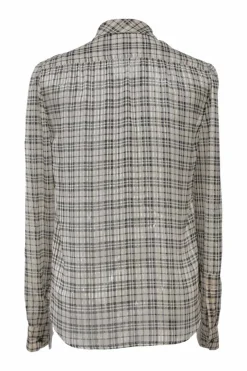 Khaki and black metallic Glen check jacquard Tieneck blouse