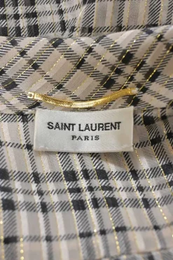 Khaki and black metallic Glen check jacquard Tieneck blouse
