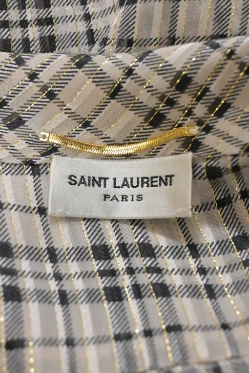 Khaki and black metallic Glen check jacquard Tieneck blouse