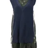 Khaki and white sleeveless dress with navy knitted panel