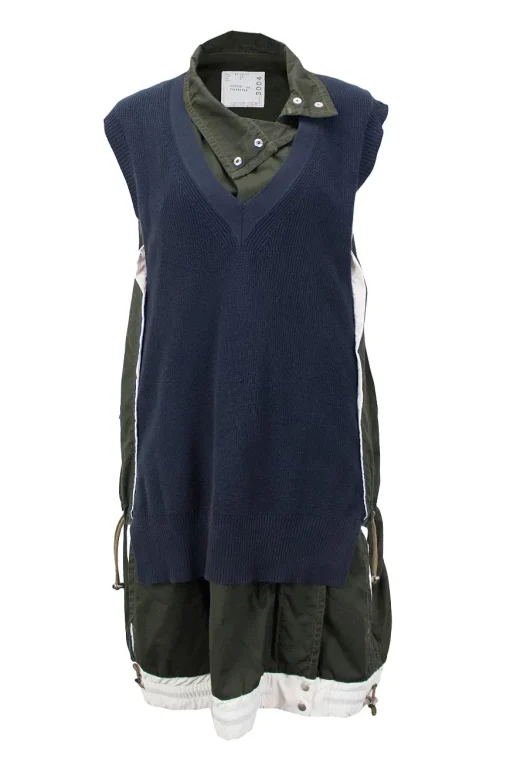 Khaki and white sleeveless dress with navy knitted panel