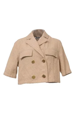 Khaki BB monogram cotton jacquard double breasted notch lapel cropped jacket
