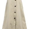 Khaki cotton high-waist midi skirt with button detailing at back