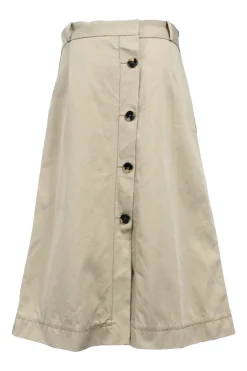 Khaki cotton high-waist midi skirt with button detailing at back