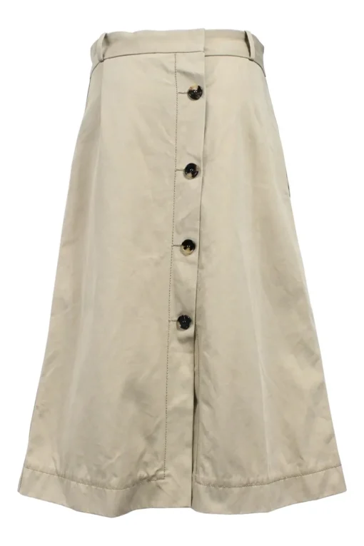 Khaki cotton high-waist midi skirt with button detailing at back