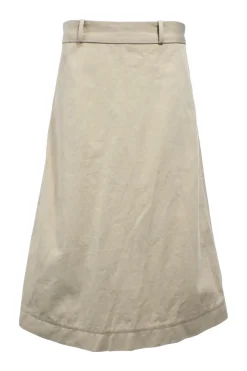Khaki cotton high-waist midi skirt with button detailing at back
