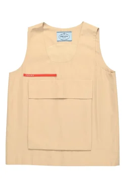 Khaki cotton sleeveless shift sack utility top with front patch pocket