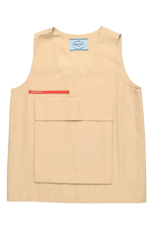 Khaki cotton sleeveless shift sack utility top with front patch pocket