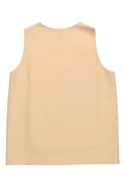 Khaki cotton sleeveless shift sack utility top with front patch pocket