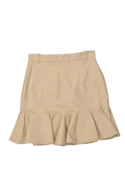 Khaki cotton twill pull-on high-rise ruffled mini skirt with belt loop waistband and rear zip fastening