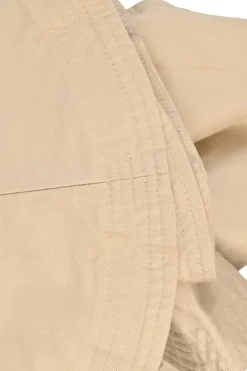 Khaki cotton twill pull-on high-rise ruffled mini skirt with belt loop waistband and rear zip fastening