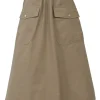 Khaki cotton-blend gabardine belted A-line cargo midi skirt