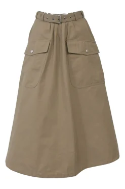 Khaki cotton-blend gabardine belted A-line cargo midi skirt