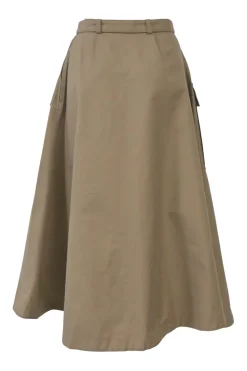 Khaki cotton-blend gabardine belted A-line cargo midi skirt