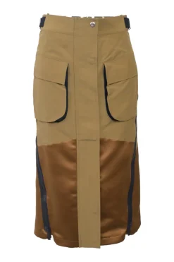Khaki cotton-blend mixed-media cargo midi skirt with slanted zip slits