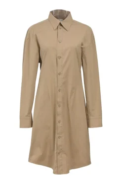Khaki cotton-blend poplin point collar button-front shirt dress