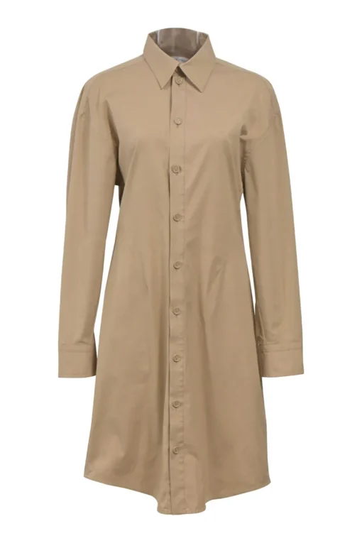 Khaki cotton-blend poplin point collar button-front shirt dress