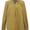 Khaki cotton-blend tie-neck stand collar raglan sleeve blouse with concealed placket
