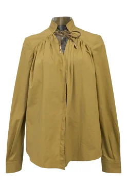 Khaki cotton-blend tie-neck stand collar raglan sleeve blouse with concealed placket