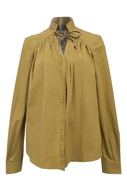 Khaki cotton-blend tie-neck stand collar raglan sleeve blouse with concealed placket