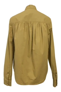 Khaki cotton-blend tie-neck stand collar raglan sleeve blouse with concealed placket