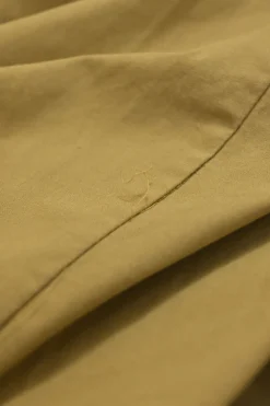 Khaki cotton-blend tie-neck stand collar raglan sleeve blouse with concealed placket