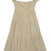 Khaki cotton-linen blend button-front tiered A-line dress