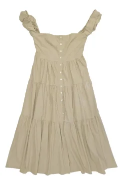 Khaki cotton-linen blend button-front tiered A-line dress