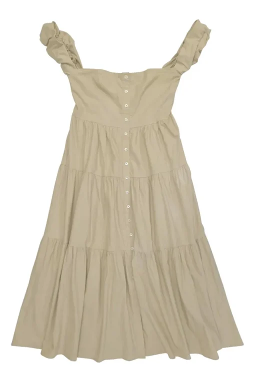 Khaki cotton-linen blend button-front tiered A-line dress