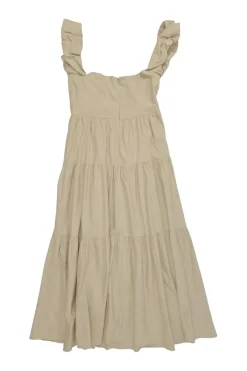 Khaki cotton-linen blend button-front tiered A-line dress
