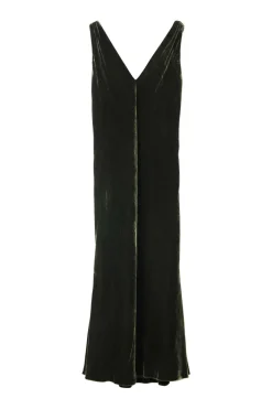 Khaki green bias-cut viscose-blend velvet slip-style midi dress