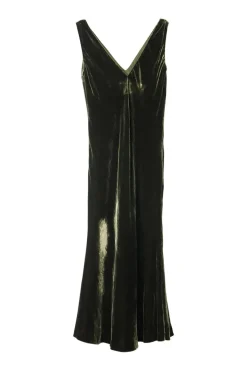 Khaki green bias-cut viscose-blend velvet slip-style midi dress