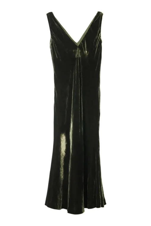 Khaki green bias-cut viscose-blend velvet slip-style midi dress