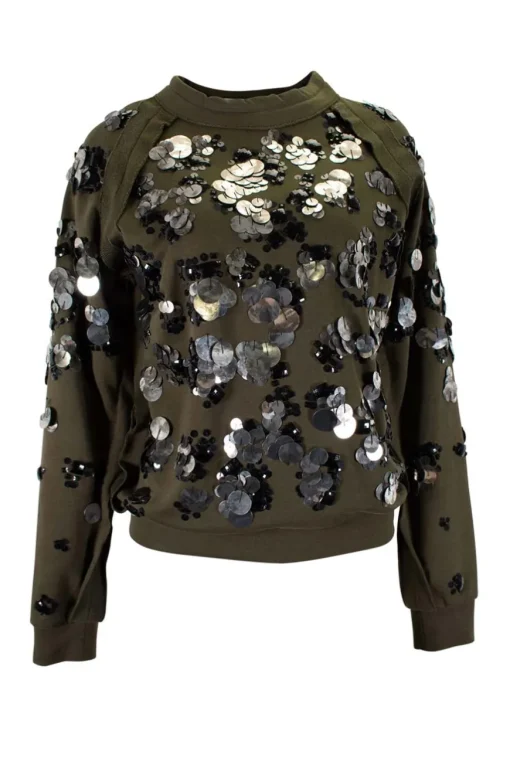 Khaki long-sleeved sweater with black and silver beads