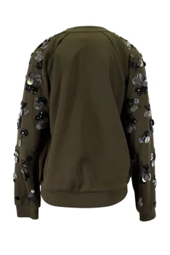 Khaki long-sleeved sweater with black and silver beads
