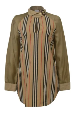 Khaki paneled cotton and cupro mixed-media logo jacquard and stripe keyhole-front buckled blouse