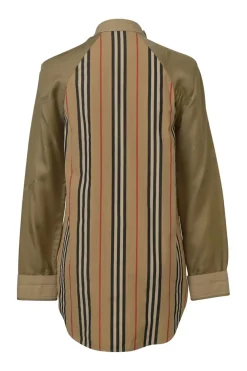 Khaki paneled cotton and cupro mixed-media logo jacquard and stripe keyhole-front buckled blouse