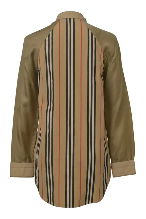 Khaki paneled cotton and cupro mixed-media logo jacquard and stripe keyhole-front buckled blouse