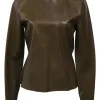 Khaki panelled lambskin leather jewel neck long sleeve top