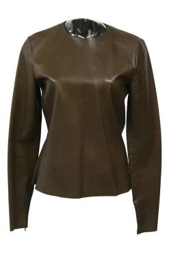 Khaki panelled lambskin leather jewel neck long sleeve top