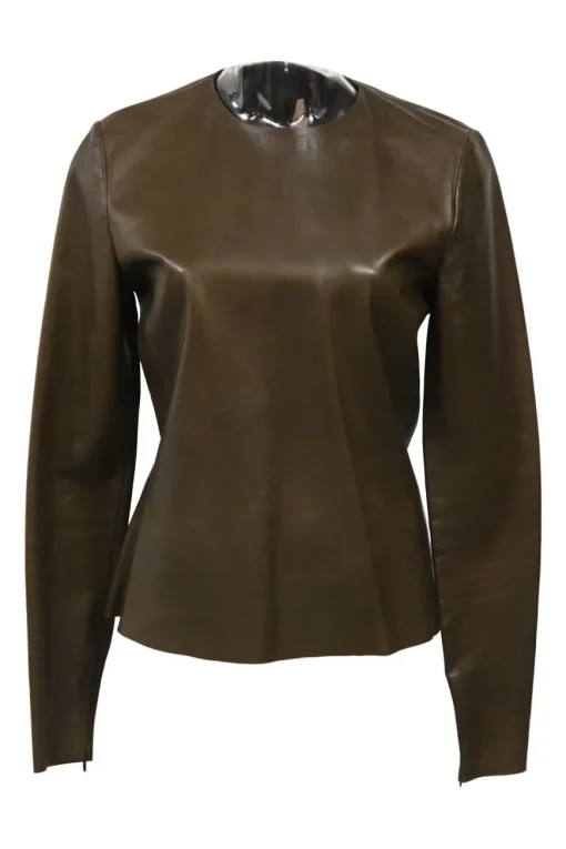 Khaki panelled lambskin leather jewel neck long sleeve top