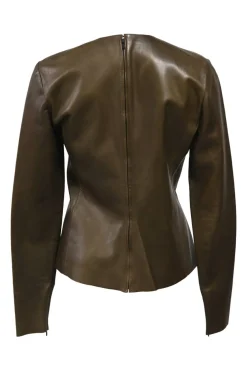 Khaki panelled lambskin leather jewel neck long sleeve top