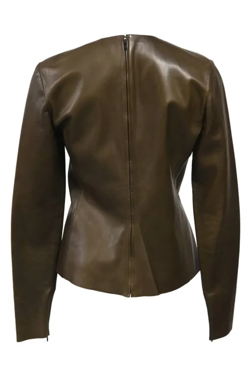 Khaki panelled lambskin leather jewel neck long sleeve top