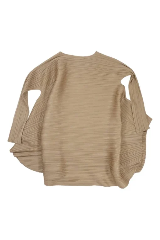 Khaki polyester kimono sleeve plissé tunic top